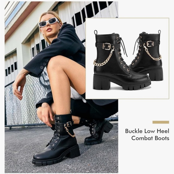 Black Combat Buckle Boots Ankle Low Heel Lace Up Booties Mid Calf Size 8 Gold - Picture 4 of 4